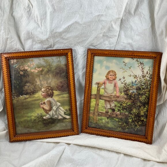 Tramp Art Works Antique Carved Wood Chip Frame 1930s Adelaide Hiebel Bluebird - Picture 6 of 10